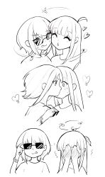  2girls absurdres anger_vein blush bracelet cho_kaguya-hime! closed_eyes commentary covering_own_face cropped_shoulders ezbottt facing_another flying_sweatdrops greyscale hands_on_own_face heart highres holding holding_removed_eyewear jewelry kaguya_(cho_kaguya-hime!) kiss long_hair looking_at_another medium_hair monochrome multiple_girls puckered_lips sakayori_iroha tongue tongue_out untranslatable_commentary unworn_eyewear white_background yuri 