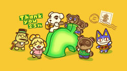  1girl 2001 6+boys absurdres animal_crossing anniversary apron black_apron cane cat chibi chibi_only commentary dog english_commentary glasses guitar gyroid_(animal_crossing) highres holding holding_cane holding_guitar holding_instrument instrument isabelle_(animal_crossing) jack_russell_terrier k.k._slider_(animal_crossing) leaf multiple_boys music nintendo official_art playing_guitar playing_instrument postage_stamp raccoon rover_(animal_crossing) shiba_inu thank_you timmy_(animal_crossing) tom_nook_(animal_crossing) tommy_(animal_crossing) tortimer_(animal_crossing) tortoise turtle waving yellow_background 