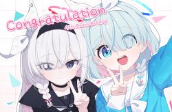  2girls :d absurdres anniversary arona_(blue_archive) black_choker black_coat black_eyes black_hairband black_sailor_collar black_shirt blue_archive blue_eyes blue_hair blue_halo blue_pupils blue_shirt bow bow_hairband bowtie braid choker cinamon_(cinamori) closed_mouth coat colored_inner_hair commentary_request congratulations dot_nose english_text eyes_visible_through_hair grid_background hair_bow hair_over_one_eye hairband halo highres korean_commentary light_blush long_hair long_sleeves looking_at_viewer mismatched_pupils multicolored_hair multiple_girls open_mouth outline pink_hair plana_(blue_archive) red_halo red_pupils sailor_collar selfie shirt short_braid short_hair side_braid single_braid sleeve_cuffs smile split_mouth straight-on swept_bangs tareme teeth triangle two-tone_hair upper_body upper_teeth_only v white_background white_bow white_bowtie white_choker white_hair white_outline white_sailor_collar 