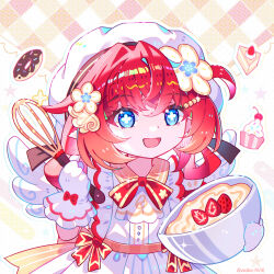  1girl apron blue_eyes bow bowl cake chinese_commentary commentary_request doughnut dress flower food fruit gloves hair_flower hair_ornament hat highres holding holding_bowl honkai:_star_rail honkai_(series) jewelry open_mouth pointy_ears red_hair short_hair short_sleeves smile solo strawberry tribbie_(honkai:_star_rail) viclim-monou whisk wings 