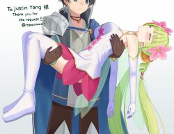  1boy 1girl armor black_hair blue_eyes blunt_bangs blush boots breasts brown_gloves cape carrying closed_eyes closed_mouth commentary_request commission dress elbow_gloves fairy fairy_wings fio_(princess_connect!) flower gloves green_hair hair_flower hair_ornament jewelry long_hair multicolored_hair pointy_ears princess_carry princess_connect! px-tea shoulder_armor simple_background skeb_commission smile thigh-highs thigh_boots twintails twitter_username unconscious very_long_hair white_background white_dress white_gloves wings yuuki_(princess_connect!) 