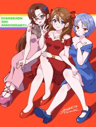  3girls absurdres anniversary ayanami_rei blue_dress blue_eyes blue_hair blue_shoes brown_hair commentary_request copyright_name dated dress flower hair_flower hair_ornament highres holding_hands locked_arms makinami_mari_illustrious multiple_girls neon_genesis_evangelion pink_dress pink_shoes red_background red_dress red_eyes red_shoes shoes short_hair smile souryuu_asuka_langley tsunemoku w 