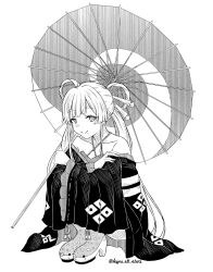 1girl cho_kaguya-hime! closed_mouth collarbone commentary greyscale hair_ornament hair_rings hair_stick highres holding holding_umbrella japanese_clothes kimono kugou_all_stars long_hair monochrome off_shoulder oil-paper_umbrella runami_yachiyo solo squatting twintails umbrella 