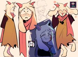  1boy animal_ears barefoot blood blood_on_face chef_hat closed_mouth commentary darmicy deltarune english_commentary fangs furry furry_male glasses hat highres horns long_sleeves male_focus open_mouth parted_lips pink_scarf ralsei ralsei_(cooking_show) reference_inset round_eyewear scarf skin_fangs smile solo utdr_(toby_fox) 