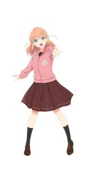  1girl :d aqua_eyes black_socks bloom_garden_party_jacket brown_dress brown_shoes dress full_body hair_ornament hasu_no_sora_school_uniform highres hinoshita_kaho hood hood_down hooded_jacket jacket link!_like!_love_live! loafers long_sleeves looking_at_viewer love_live! love_live!_hasu_no_sora_jogakuin_school_idol_club_bloom_garden_party medium_dress medium_hair official_art open_mouth orange_hair outstretched_arm pink_jacket pleated_dress rabbit_hair_ornament reaching reaching_towards_viewer sailor_collar sailor_dress school_uniform shoes simple_background smile socks solo standing teeth transparent_background two_side_up upper_teeth_only virtual_youtuber white_sailor_collar winter_uniform 