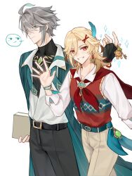  2boys absurdres alhaitham_(genshin_impact) aqua_belt belt belt_buckle black_belt black_gloves black_pants black_shirt blonde_hair blush book brooch brown_pants buckle chest_jewel chinese_commentary closed_mouth coat collared_shirt commentary_request cowboy_shot earrings eyelashes feather_hair_ornament feathers fingerless_gloves gem genshin_impact gloves gold_earrings gold_ring green_coat green_eyes green_gem green_hair green_necktie grey_hair grin hair_between_eyes hair_ornament hand_up highres holding holding_book holding_key jewelry kaveh_(genshin_impact) key keyring long_hair long_sleeves looking_at_viewer male_focus multicolored_hair multiple_boys multiple_rings neckerchief necktie open_clothes open_coat orangezhaoze pants parted_bangs red_eyes red_neckerchief red_sweater_vest ring shirt short_hair simple_background smile sparkle standing striped_coat sweater_vest swept_bangs teeth turtleneck undone_necktie vertical-striped_coat vision_(genshin_impact) walking waving white_background white_shirt wing_collar x_hair_ornament 