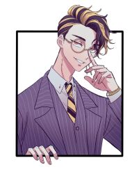  1boy 29o52413 black_hair blonde_hair collared_shirt diagonal-striped_clothes diagonal-striped_necktie earrings grey_vest hanma_shuuji highres jewelry long_sleeves male_focus multicolored_hair necktie pinstripe_jacket pinstripe_pattern pinstripe_suit pinstripe_vest round_eyewear shirt short_hair simple_background single_earring smile striped_clothes striped_necktie suit tokyo_revengers two-tone_hair vest white_shirt yellow_eyes yellow_necktie 