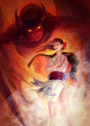  1girl artist_name blunt_bangs bow closed_mouth colored_skin commentary crossed_arms demonio_fleur fiocca_art floating_clothes floating_hair floral_print floral_print_kimono hair_bow haori_on_shoulders highres horns japanese_clothes kimono long_hair looking_at_viewer nico_robin obi one_piece print_kimono purple_sash red_bow red_skin sash sleeveless sleeveless_kimono smoke wings 