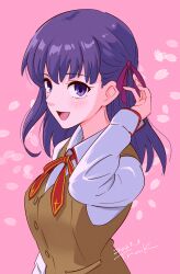  1girl absurdres blush breasts brown_vest cross cross_print dated fate/stay_night fate_(series) hair_ribbon highres homurabara_academy_school_uniform long_hair long_sleeves matou_sakura neck_ribbon petals pink_ribbon purple_background purple_hair red_ribbon ribbon school_uniform shirt smile solo tsunemoku vest violet_eyes white_shirt 