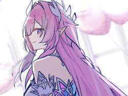  1girl balloon bare_shoulders blurry blurry_background breasts closed_mouth commentary cyrene_(demiurge)_(honkai:_star_rail) cyrene_(honkai:_star_rail) from_side h2o_omizu hair_intakes heart_balloon highres honkai:_star_rail honkai_(series) light_blush long_hair looking_at_viewer looking_to_the_side medium_breasts pink_hair pointy_ears portrait sideways_glance sideways_mouth smile solo violet_eyes 