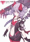  1girl absurdres bangs black_gloves black_jacket breasts bronya_zaychik bronya_zaychik_(yamabuki_armor) character_name closed_mouth demon_horns demon_tail drill_hair gloves grey_eyes grey_hair hair_between_eyes hair_ornament halloween_costume highres honkai_(series) honkai_impact_3rd horns jacket leggings looking_at_viewer navel open_clothes open_jacket project_bunny red_legwear red_shirt shirt short_sleeves simple_background small_breasts solo tail twin_drills white_background zaitou_(jiangyc) 