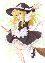  1girl :d apron black_hat black_shoes black_skirt black_vest blonde_hair bobby_socks bow braid broom commentary_request foot_out_of_frame frilled_apron frilled_skirt frills green_bow hair_between_eyes hair_bow hat hat_bow highres holding holding_broom kirisame_marisa long_hair looking_at_viewer open_mouth outstretched_arm senbei_(user_fmpw5233) shirt shoes short_sleeves single_braid skirt skirt_set smile socks solo standing standing_on_one_leg star_(symbol) touhou turtleneck turtleneck_shirt vest w waist_apron white_apron white_bow white_shirt white_socks wrist_cuffs yellow_eyes 