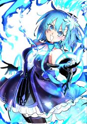 bare_shoulders black_gloves blue_bow blue_eyes blue_fire blue_hair bow bowtie breasts ciel_(tsukihime) commentary_request cowboy_shot crown dress fate/grand_order fate_(series) fire flower frilled_skirt frills gloves hair_flower hair_ornament highres kuriimu0203 light_blush looking_at_viewer medium_breasts open_mouth reaching reaching_towards_viewer short_hair skirt smile star_ciel_(fate) v-shaped_eyebrows 