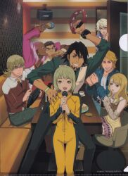  2girls 6+boys absurdres antonio_lopez arm_up arm_warmers artist_request bare_shoulders barnaby_brooks_jr. bead_bracelet beads black_hair blonde_hair blue_jacket blush bone bracelet brown_eyes brown_jacket bruce_lee's_jumpsuit chair closed_eyes closed_mouth company_name copyright_notice cup dark-skinned_male dark_skin dress drink eyelashes eyeshadow facial_hair fingernails food glasses green_eyes green_pants green_shirt grey_arm_warmers grin highres holding holding_cup holding_drink holding_food holding_instrument holding_maracas holding_microphone holding_tambourine huang_pao-lin indoors instrument ivan_karelin jacket jewelry jumpsuit kaburagi_t._kotetsu karaoke karina_lyle keith_goodman kiss kissing_cheek lips long_hair long_sleeves makeup maracas microphone mug multiple_boys multiple_girls nail_polish nathan_seymour nostrils official_art on_chair open_clothes open_door open_jacket open_mouth pants peeking pink_hair pink_jacket plate purple_eyeshadow purple_nails red_jacket scan shirt short_hair sitting smile sweat table teeth third-party_source tiger_&amp;_bunny very_short_hair vest violet_eyes watch watch white_shirt white_vest yellow_dress yellow_jumpsuit 