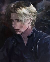  1boy 7554shan aegyo_sal beard_stubble blank_stare blonde_hair blood blood_from_mouth blood_on_face blue_eyes blue_shirt collared_shirt commentary facial_hair highres leon_s._kennedy looking_to_the_side male_focus resident_evil resident_evil_requiem shirt short_hair solo stubble upper_body 