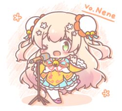  >_o 1girl ;d bell blonde_hair blue_capelet blue_skirt blush_stickers bun_cover capelet chibi colored_shadow commentary_request double_bun dress drop_shadow green_eyes hair_bun hand_up highres hololive index_finger_raised jingle_bell long_hair long_sleeves microphone microphone_stand mitarashi_neko momosuzu_nene momosuzu_nene_(old_design) neck_bell one_eye_closed pantyhose pink_shoes pleated_skirt shadow shoes skirt smile solo standing standing_on_one_leg two_side_up very_long_hair virtual_youtuber white_pantyhose wide_sleeves yellow_dress 