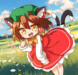  1girl :d animal_ear_piercing animal_ears bent_over blush bow bowtie brown_hair cat_ears cat_girl cat_tail chen clenched_hands clouds cloudy_sky commentary_request day double-parted_bangs earrings fang feet_out_of_frame field flower frilled_skirt frills green_hat hair_between_eyes hand_up hat highres jewelry kajiya_no_masa legs_together long_sleeves looking_at_viewer mob_cap multiple_tails nekomata no_nose notice_lines one-hour_drawing_challenge open_mouth outdoors red_skirt red_vest shirt short_hair single_earring skirt sky smile solo standing tail touhou translation_request two_tails vest white_flower white_shirt yellow_bow yellow_bowtie yellow_eyes yellow_trim 