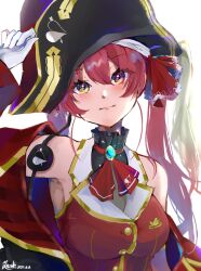  1girl ascot black_choker black_coat black_hat choker closed_mouth coat commentary_request frilled_choker frills gloves hair_ribbon hat heterochromia hololive houshou_marine houshou_marine_(1st_costume) jacket leotard leotard_under_clothes looking_at_viewer pirate_hat red_ascot red_coat red_eyes red_jacket red_ribbon ribbon sleeveless sleeveless_jacket smile solo virtual_youtuber white_gloves yellow_eyes yuzuki_1212 