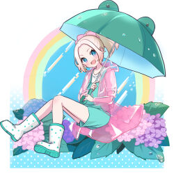  1girl :d akane_(akane112234) blonde_hair blush boots bow commentary_request dot_nose flower full_body green_overalls green_umbrella hair_bow holding holding_umbrella hood hood_down hydrangea long_sleeves looking_at_viewer open_mouth original overall_shorts overalls pink_bow pink_raincoat polka_dot_footwear ponytail rainbow raincoat see-through_clothes see-through_raincoat shirt short_hair smile solo umbrella water_drop white_boots white_shirt 