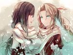  2girls :d aerith_gainsborough aqua_eyes bangs black_gloves breasts brown_hair drill_hair final_fantasy final_fantasy_vii final_fantasy_vii_remake fingerless_gloves fingernails gloves hair_ribbon jacket large_breasts mirrorclew multiple_girls parted_bangs pink_ribbon ponytail red_eyes red_jacket ribbon scarf shared_scarf smile snow snowflakes suspenders tank_top tifa_lockhart upper_body white_tank_top winter 
