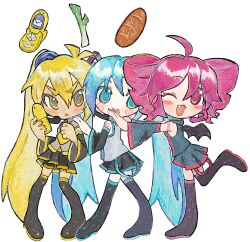  3girls ahoge akita_neru belt black_sleeves black_thighhighs blonde_hair blue_eyes blue_hair blush boots bread cellphone circle_hair_ornament detached_sleeves drill_hair fang flip_phone food frilled_shirt frills furrowed_brow grey_shirt grey_sleeves hand_on_another's_shoulder hatsune_miku headset highres holding holding_phone kasane_teto kurepu_(kurepus-bakery) looking_at_viewer low_twintails multiple_girls necktie number_tattoo one_eye_closed open_mouth parted_bangs phone pigeon-toed red_eyes red_hair shirt shorts sidelocks skirt sleeveless sleeveless_shirt spring_onion square_hair_ornament standing standing_on_one_leg tattoo thigh-highs thigh_boots triple_baka_(group) twin_drills twintails utau vocaloid white_background wide_sleeves wings yellow_eyes yellow_necktie 