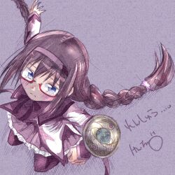  1girl akemi_homura akemi_homura_(magical_girl) arm_shield black_hair black_pantyhose blue_eyes braid commentary_request glasses hairband highres kenjiru long_hair looking_at_viewer magical_girl mahou_shoujo_madoka_magica mahou_shoujo_madoka_magica_(anime) pantyhose pleated_skirt purple_background purple_hairband purple_skirt red-framed_eyewear semi-rimless_eyewear skirt solo twin_braids under-rim_eyewear 