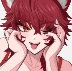  1girl animal_ear_fluff animal_ears black_nails commentary fangs hands_on_own_face highres indie_virtual_youtuber meibin nail_polish one_eye_closed red_hair short_hair smile solo virtual_youtuber white_background wolf_ears wolf_girl yellow_eyes zentreya 