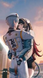 1boy 1girl alternate_costume animal_ears ass_grab hug jane_doe_(zenless_zone_zero) long_hair mouse_ears official_alternate_costume short_hair wise_(zenless_zone_zero) zenless_zone_zero