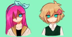  1boy 1girl antenna_hair aubrey_(faraway)_(omori) aubrey_(omori) basil_(faraway)_(omori) basil_(omori) blonde_hair blue_eyes blue_hairband closed_mouth collarbone collared_shirt commentary double-parted_bangs english_commentary fivefuckss flower green_background green_sweater_vest hair_between_eyes hair_flower hair_ornament hairband highres jacket long_hair looking_at_viewer omori open_clothes open_jacket pink_hair shaded_face shirt short_hair sidelocks simple_background sweat sweater_vest white_jacket white_shirt 