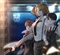  3girls belt black_hair black_necktie blue_eyes braid brown_hair chinese_commentary collared_shirt commentary_request glasses grey_pants high_ponytail highres holding holding_weapon hongcai_rainbow library_of_ruina logo long_hair looking_ahead low-tied_long_hair mika_(project_moon) multiple_girls necktie olga_(project_moon) pants ponytail project_moon rain_(project_moon) red_hair red_necktie round_eyewear shirt short_hair smile suspenders weapon white_shirt 