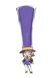  1girl a_hat_in_time bad_id bad_twitter_id blue_eyes boots brown_boots brown_hair cape child closed_mouth commentary_request deformed full_body gompang1125 hands_on_own_hips hat hat_kid hat_ribbon highres jacket korean_commentary long_sleeves looking_at_viewer medium_hair pants ponytail purple_hat purple_jacket ribbon sidelocks sketch smile solo tall_hat top_hat white_background white_pants yellow_cape yellow_ribbon zipper_pull_tab 