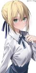  1girl absurdres artoria_pendragon_(fate) blonde_hair blue_ribbon blush braid expressionless eyebrows_visible_through_hair fate/stay_night fate_(series) french_braid green_eyes hair_ribbon high-waist_skirt highres kawai_ritsu_(rits_meg) looking_at_viewer neck_ribbon ribbon saber shirt simple_background skirt smile solo white_background white_shirt 