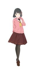  1girl arm_behind_back black_hair black_pantyhose bloom_garden_party_jacket blunt_bangs blunt_ends bob_cut brown_dress brown_shoes clenched_hand crossed_legs dress flower flower_knot full_body green_eyes hair_flower hair_ornament hand_up hasu_no_sora_school_uniform highres hood hood_down hooded_jacket jacket link!_like!_love_live! loafers long_sleeves love_live! love_live!_hasu_no_sora_jogakuin_school_idol_club_bloom_garden_party medium_dress momose_ginko neckerchief official_art pantyhose pink_flower pink_jacket pleated_dress sailor_collar sailor_dress school_uniform shoes short_hair simple_background solo standing transparent_background virtual_youtuber watson_cross white_sailor_collar winter_uniform yellow_neckerchief 