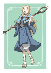  1girl ambrosia_(dungeon_meshi) belt blonde_hair blue_capelet blue_hood blue_robe border braid brown_belt capelet choker commentary dungeon_meshi elf feet full_body green_background green_eyes half_up_half_down_braid highres holding holding_staff hood hood_down hooded_capelet legs light_blush long_hair looking_to_the_side marcille_donato mori_kuro_pp open_mouth pointy_ears red_choker robe sandals smile solo staff twin_braids white_border 