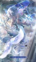  1girl absurdres back bao_the_whale bare_shoulders blue_hair cetacean_tail chain fins fish_tail from_behind gold_chain highres lace medium_hair ocean original reflection ribbon solo swimsuit tagme tail tarot the_high_priestess_(tarot) virtual_youtuber water whale windsketchy 