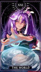  1girl akuma_nihmune black_choker black_shirt breasts card_(medium) choker commentary creature_on_head earth_(planet) english_commentary eye_print fang highres indie_virtual_youtuber jared_(michi_mochievee) large_breasts michi_mochievee multicolored_hair patchwork_skin planet purple_hair ringed_eyes shirt skin_fang smile sparkingham_art stitched_face stitches streaked_hair stuffed_toy tarot tarot_(medium) torn_clothes virtual_youtuber white_hair yellow_eyes 