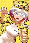  2022 alisaie_leveilleur alternate_costume animal_costume animal_ears animal_print chinese_zodiac claw_pose final_fantasy final_fantasy_xiv happy_new_year highres new_year tail tiger_costume tiger_ears tiger_print tiger_stripes tiger_tail year_of_the_tiger you_haruka 