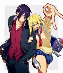  1boy 1girl ;d arm_hug bag bag_charm black_jacket black_pants blonde_hair blue_bag blue_eyes blue_sailor_collar blue_skirt brown_shoes charm_(object) commentary couple eyepatch fingernails gakuran gintama gyaru hamuyo864 hand_in_pocket highres holding_another's_arm jacket kijima_matako loafers long_hair long_sleeves looking_at_viewer loose_socks miniskirt neckerchief official_alternate_costume one_eye_closed open_mouth pants pink_nails pleated_skirt purple_hair red_neckerchief red_shirt sailor_collar sannen_z-gumi_ginpachi_sensei school_bag school_uniform serafuku shirt shoes short_hair side_ponytail simple_background skirt smile socks standing sweater takasugi_shinsuke twitter_username untranslatable_commentary v white_socks yellow_sweater 