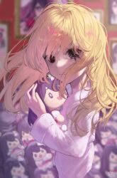  1girl :| @_@ ao_hoshi blonde_hair blurry blurry_background closed_mouth commentary_request doll from_side hair_between_eyes hair_over_eyes highres holding holding_doll hoshino_ai hoshino_ruby indoors long_hair long_sleeves looking_at_viewer looking_to_the_side mismatched_pupils oshi_no_ko pajamas pink_pajamas portrait_(object) red_eyes solo star-shaped_pupils star_(symbol) symbol-shaped_pupils turning_head 