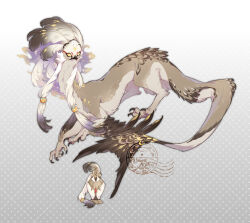  2019 bird bottle claws commentary_request creature creature_focus dated feather_hair feather_tail feathers gradient_background grey_background long_body long_neck long_tail maruneko multicolored_feathers no_humans no_pupils original owl simple_background tail talons tassel two-tone_background very_long_tail white_background winged_arms wings yellow_eyes 