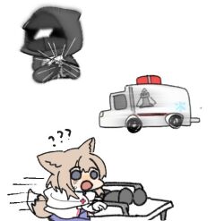  1girl 1other ambulance animal_ears arknights commentary_request doctor_(arknights) fox_ears fox_girl fox_tail heart_attack hood omitoon rhodes_island_logo_(arknights) stretcher sussurro_(arknights) sweat tail 