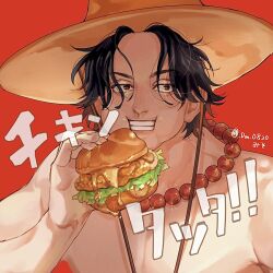  1boy arm_up bead_necklace beads black_hair brown_eyes burger chewing commentary_request dm_0820 eating food food_on_face hat holding holding_burger holding_food jewelry male_focus necklace one_piece portgas_d._ace solo teeth topless_male translation_request twitter_username upper_body 