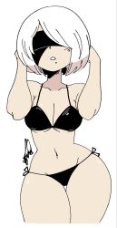  1girl 2b_(nier:automata) bare_shoulders bikini black_bikini breasts dynamic_pose eyepatch hair_over_one_eye hands_on_own_head highres looking_at_viewer medium_breasts mole mole_under_mouth multi-strapped_bikini_top myzmirko nier:automata nier_(series) pov short_hair straight_hair swimsuit thick_thighs thighs white_hair wide_hips 