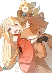  1girl absurdres animal_costume animal_ears blonde_hair brown_eyes cho_kaguya-hime! clothing_cutout commentary crescent crescent_hair_ornament drycatfoodmeow egasumi fox_costume hair_ornament highres inudoge japanese_clothes kaguya_(cho_kaguya-hime!) kimono long_hair open_mouth rabbit_ears rabbit_girl red_kimono sakayori_iroha shoulder_cutout simple_background solo teeth upper_teeth_only white_background 