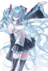  1girl aqua_eyes aqua_hair bare_shoulders black_boots black_skirt boots clothes_grab commentary detached_sleeves hair_over_eyes hatsune_miku headset highres kikishuiyin111 long_hair looking_at_viewer miniskirt necktie necktie_grab neckwear_grab pleated_skirt shirt simple_background skirt sleeveless sleeveless_shirt solo thigh_boots twintails untranslatable_commentary very_long_hair vocaloid white_background white_shirt 