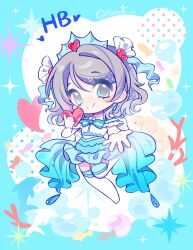  1girl aquarium birthday blue_background blue_eyes blush bracelet bubble chibi commentary_request coral dolphin fish from_side grey_hair hair_ornament hand_up happy_birthday heart highres jewelry koi_ni_naritai_aquarium love_live! love_live!_sunshine!! midriff outstretched_hand pearl_bracelet pululu_u reaching short_hair simple_background skirt smile tiara watanabe_you wavy_hair 