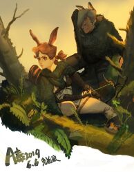  1boy 1girl 2019 a_tai animal_ears bird bow_(weapon) brown_hair colored_eyelashes commentary_request freckles grey_hair holding holding_bow_(weapon) holding_weapon original rabbit_ears rabbit_girl scar scar_across_eye scar_on_face weapon wolf_boy wolf_ears 