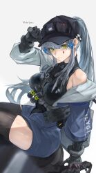  1girl absurdres arm_behind_back bare_shoulders baton_(weapon) black_gloves black_hat black_leotard blue_hair blush breasts clothes_pull commentary_request cross douibotan elbow_gloves facepaint from_above girls'_frontline_2:_exilium girls_frontline gloves green_eyes hair_ornament hairclip hand_up hat highres hk416_(girls'_frontline) holding_baton iron_cross jacket jacket_pull klukai_(girls'_frontline_2) leotard long_hair looking_at_viewer looking_up medium_breasts off_shoulder partially_unzipped ponytail sitting smile solo teardrop thigh-highs thighs very_long_hair weapon 