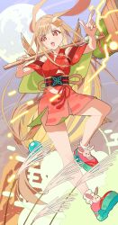  1girl absurdres animal_ears blonde_hair breasts brown_eyes brown_hair cho_kaguya-hime! clothing_cutout colored_inner_hair commentary_request crescent crescent_hair_ornament dezi egasumi full_body hair_ornament hammer highres holding holding_hammer japanese_clothes kaguya_(cho_kaguya-hime!) kimono long_hair low-tied_long_hair medium_breasts multicolored_hair obi open_mouth pink_shoes rabbit_ears rabbit_girl red_kimono sash shoes shoulder_cutout solo teeth upper_teeth_only very_long_hair 