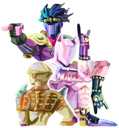  3others \m/ absurdres animal_ears black_gloves black_hair cat_ears colored_skin diamond_wa_kudakenai fingerless_gloves gloves gold_experience gold_skin highres jojo_no_kimyou_na_bouken jojo_pose killer_queen killer_queen's_pose kujo_jotaro's_pose multiple_others pink_skin pointing purple_skin qf5279261978480 red_scarf scarf shoulder_pads stand_(jojo) star_platinum stardust_crusaders tiara vento_aureo wing_ornament 